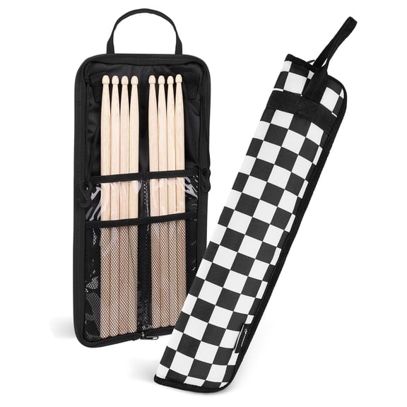 Drumsticks Gig Bag, Percussion Music Accessory Case w/ a Hook, Adjustable Shoulder Strap, Carrying Handle & Card Holder for 4 Pairs of Drumstick, Kids, Drummers, Water-Resistant Fabric, Checkered