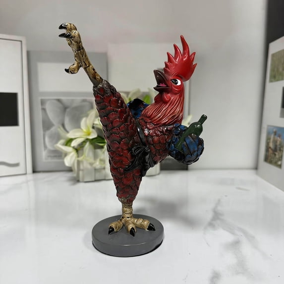 Drunk and Drunken Chicken Resin Sculpture Living Room Entrance Decoration,Whimsical Big Rooster Figurine for Indoor Outdoor Home Decor,Eye-Catching Conversation Piece for Table Shelf Display-Blue