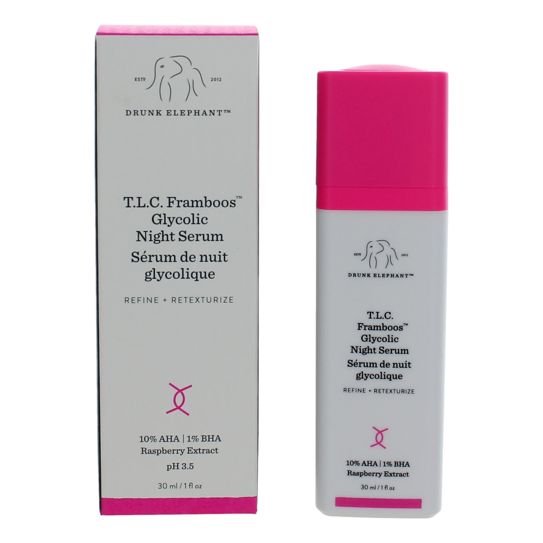 Drunk Elephant TLC Framboos Glycolic Night Serum - Skin Care Brightening  Night Serum. Repackaging (30 mL / 1 Fl Oz)