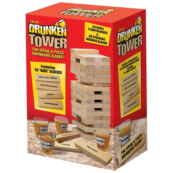 ICUP iPartyHard - Drunken Tower: The Grab A Piece Adult Drinking Game includes 60 wooden blocks^ 4 glass shot glasses