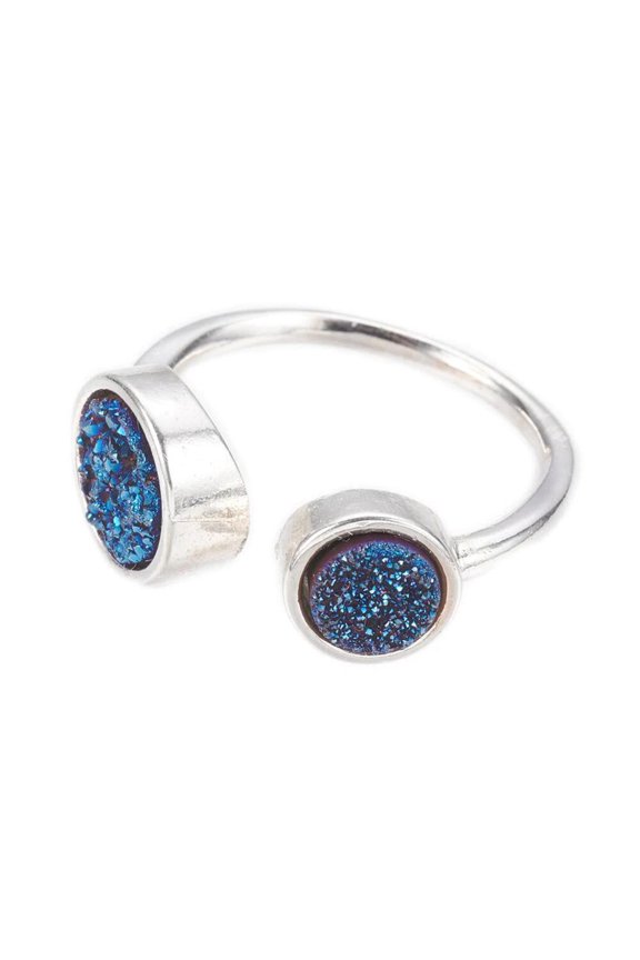 Druzy Agate Cuff Ring Sterling Silver Dyed Blue White Size 8 Adjustable 18Mm P392