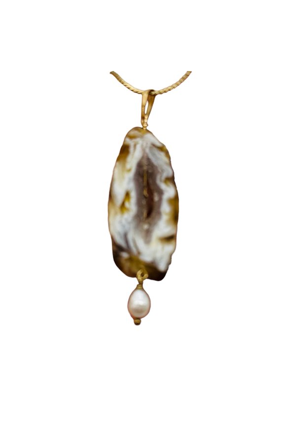 Druzy Agate Slice Designer 14kgf Pendant | 2 1/2" Long | Druzy Agate Crystal |