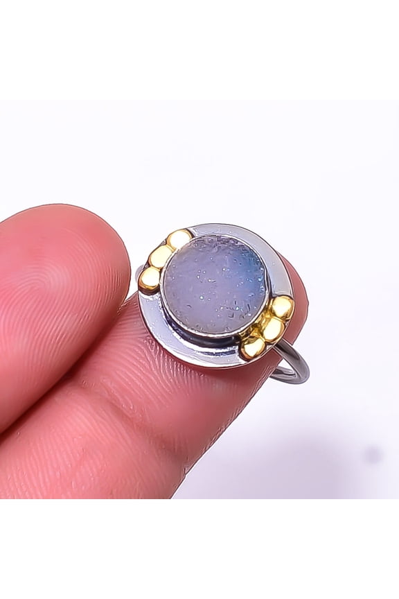 Druzy -Chalcedony -Brazil Black And Gold Plated 925 Silver Plated Ring s.7.5, Blue Chalcedony Ring R_9490_293_19
