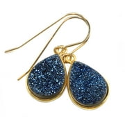 Druzy Earrings Peacock Blue Bezel Set Dainty Simple Sparkly Drusy Drops 14k Gold Filled Spyglass Designs