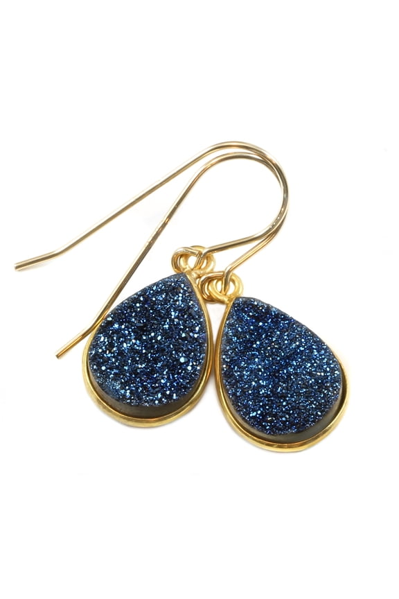 Druzy Earrings Peacock Blue Bezel Set Dainty Simple Sparkly Drusy Drops 14k Gold Filled Spyglass Designs