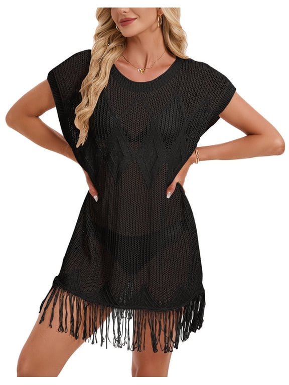 Beach Cover Up for Women Casual Loose Batwing Sleeve Swimsuit Cover Up Diamond Hollow Bathing Suit Cover Up with Tassel Hem