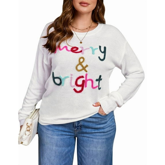 Drvitor Christmas Sweaters for Women Plus Size Crew Neck Sequin Letters Sweater Holliday Merry Pullover Sweater, Sizes XL-5XL