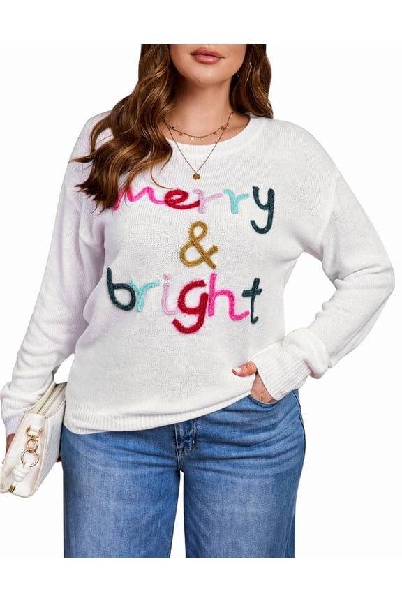 Christmas Sweaters for Women Plus Size Crew Neck Sequin Letters Sweater Holliday Merry Pullover Sweater, Sizes XL-5XL