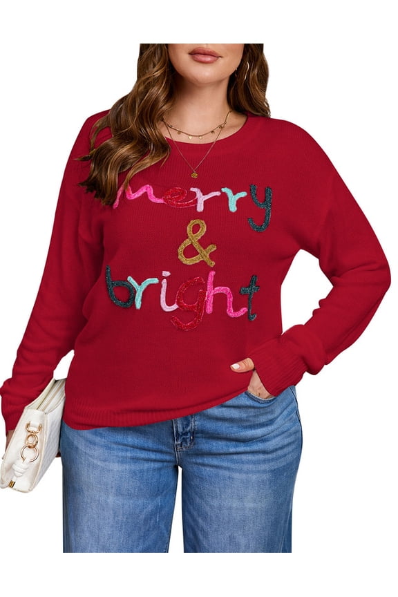 Christmas Sweaters for Women Plus Size Crew Neck Sequin Letters Sweater Holliday Merry Pullover Sweater, Sizes XL-5XL