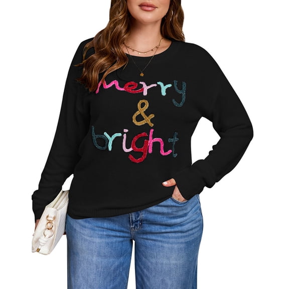 Drvitor Christmas Sweaters for Women Plus Size Crew Neck Sequin Letters Sweater Holliday Merry Pullover Sweater, Sizes XL-5XL