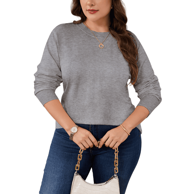 Drvitor Plus Size Sweaters for Women Crew Neck Basic Solid Color Lightweight Fall Sweater Pullover Tops, Sizes XL-5XL