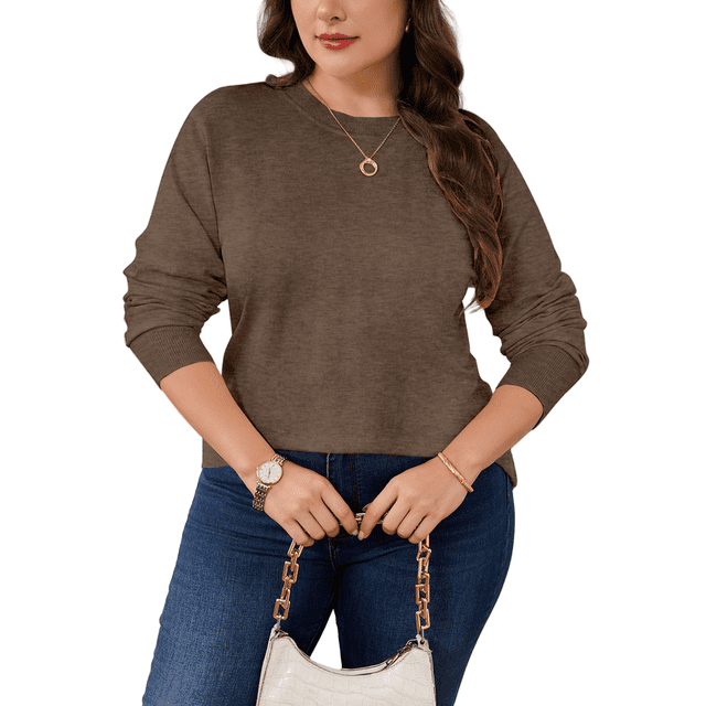 Drvitor Plus Size Sweaters for Women Crew Neck Basic Solid Color Lightweight Fall Sweater Pullover Tops, Sizes XL-5XL