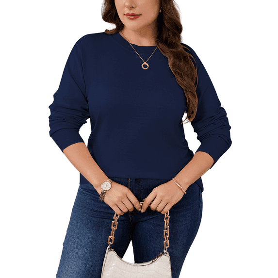 Drvitor Plus Size Sweaters for Women Crew Neck Basic Solid Color Lightweight Fall Sweater Pullover Tops, Sizes XL-5XL