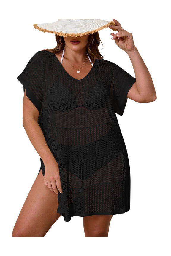 Plus Size Swimsuit Cover Up for Women V-Neck Short Sleeve Crochet Tops Casual Loose Beach Swim Cover Up with Side Split