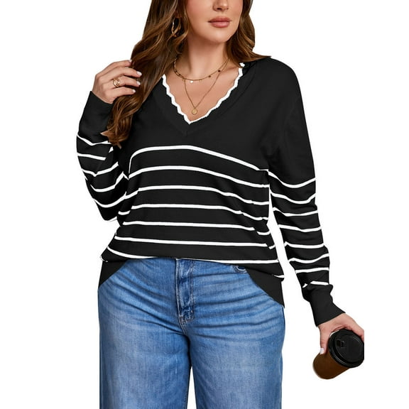 Drvitor Striped Sweaters for Women Plus Size V-Neck Trendy Pullover Lightweight Fall Sweater, Sizes XL-5XL