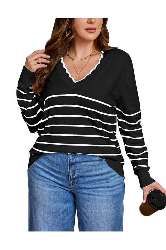 Striped Sweaters for Women Plus Size V-Neck Trendy Pullover Lightweight Fall Sweater, Sizes XL-5XL
