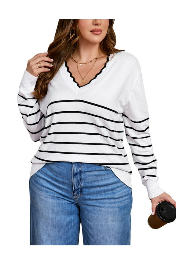 Striped Sweaters for Women Plus Size V-Neck Trendy Pullover Lightweight Fall Sweater, Sizes XL-5XL
