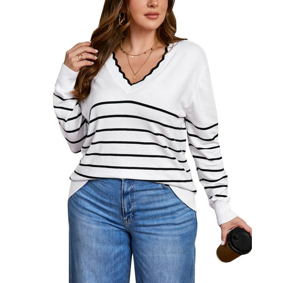 Drvitor Striped Sweaters for Women Plus Size V-Neck Trendy Pullover Lightweight Fall Sweater, Sizes XL-5XL
