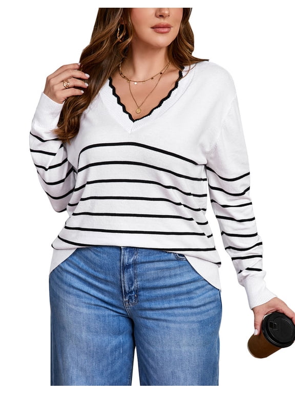 Striped Sweaters for Women Plus Size V-Neck Trendy Pullover Lightweight Fall Sweater, Sizes XL-5XL
