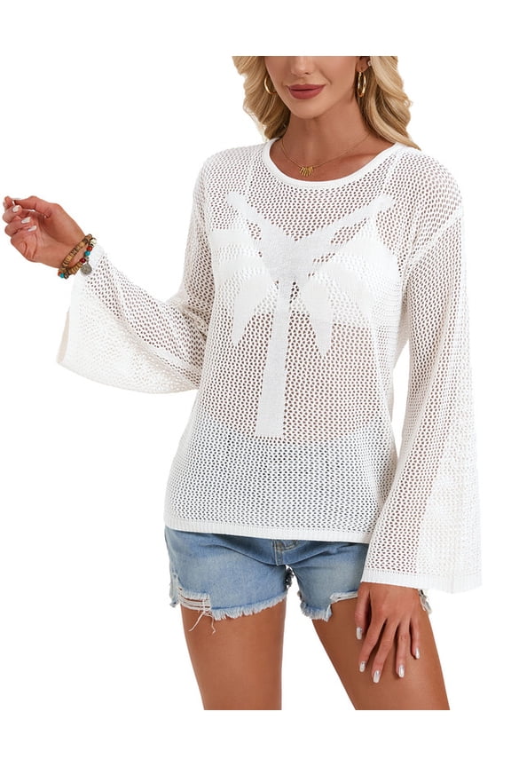 Swimsuit Cover Up for Women Casual Loose Coconut Tree Beach Cover Up Summer Long Sleeve Crochet Blouses Tops