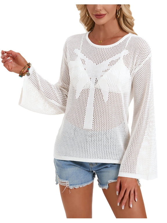 Swimsuit Cover Up for Women Casual Loose Coconut Tree Beach Cover Up Summer Long Sleeve Crochet Blouses Tops