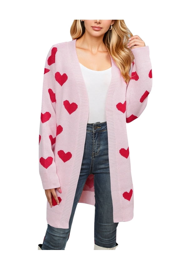 Valentines Cardigans for Women Heart Printed Open Front Cardigans Casual Loose Mid-Length Cardigan Sweaters