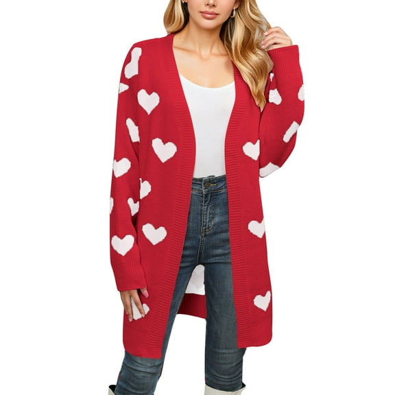 Drvitor Valentines Cardigans for Women Heart Printed Open Front Cardigans Casual Loose Mid-Length Cardigan Sweaters