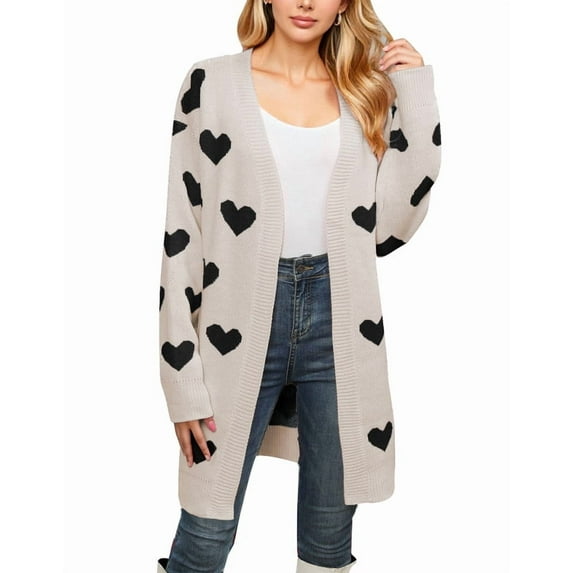 Drvitor Valentines Cardigans for Women Heart Printed Open Front Cardigans Casual Loose Mid-Length Cardigan Sweaters