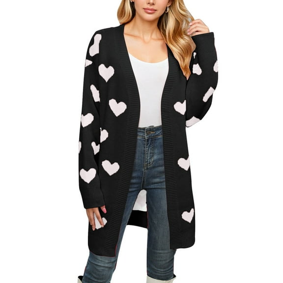 Drvitor Valentines Cardigans for Women Heart Printed Open Front Cardigans Casual Loose Mid-Length Cardigan Sweaters