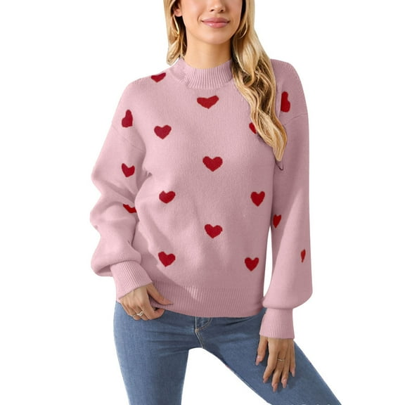 Drvitor Valentines Sweaters for Women Mock Neck Lantern Sleeve Cute Heart Sweater Casual Loose Knitted Warm Pullover Top