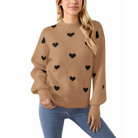 Drvitor Valentines Sweaters for Women Mock Neck Lantern Sleeve Cute Heart Sweater Casual Loose Knitted Warm Pullover Top