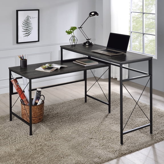Drvo Metal L-Shaped Computer Desk with USB, Gray