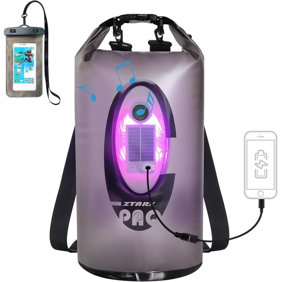 Dry Bag Waterproof with Solar Bluetooth Speaker & Light - 10L/20L Roll Top Sack Keeps Gear for Men Women Kayaking, Beach, Rafting, Boating, Hiking, Camping and Fishing