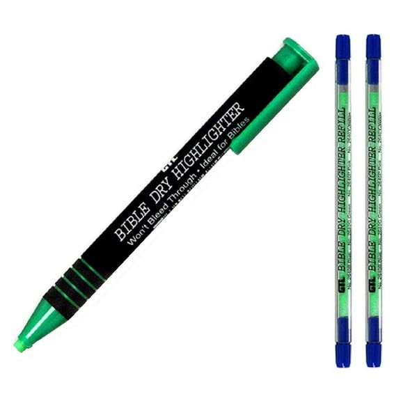 Dry Bible/Book Highlighter Pen With 2 Pack Bible/Book Dry Highlighter Refill (Green)