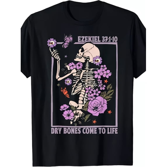 Dry Bones Come To Life Floral Skeleton Graphic T-Shirt, Unisex Cotton Crew Neck Short Sleeve Tee, Inspirational Faith Novelty Shirt, Religious Scripture Gift For Men And Women