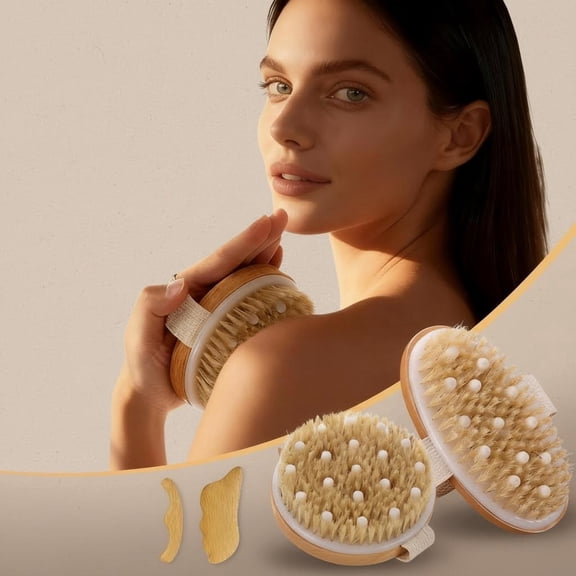Dry Brushing Body Brush for Lymphatic Drainage - Vegan Dry Brush with Contoured Non-Slip Handle + Massage Tools, Gua Sha, Anti-Cellulite, Body Sculpting