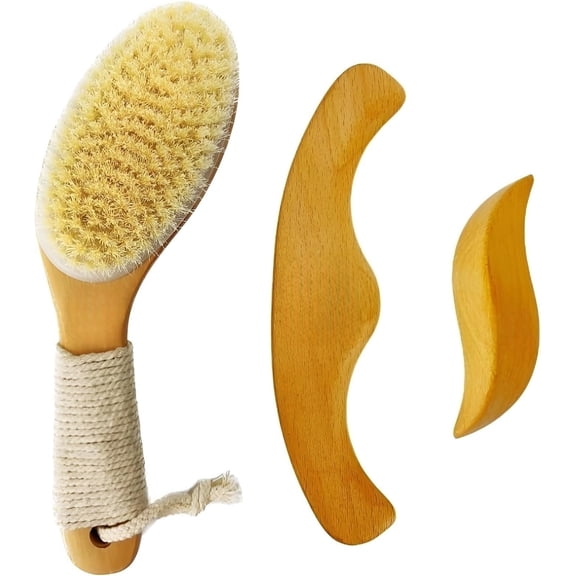 Dry Brushing Brush & Massage Kit - Non-Slip Handle, Gua Sha, Lymphatic Drainage Tool for Anti-Cellulite &