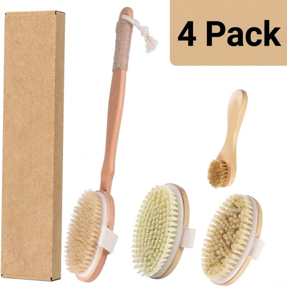 Dry Brushing Set - Natural Boar Bristle Body & Face Brush, Wooden Long Handle Scrub Brush For Cellulite & Lymphatic Drainage Body Care, Detachable, 3 Brush Heads