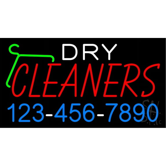 Dry Cleaners with Phone Number Logo LED Neon Sign 20" Tall x 37" Wide - inches, Black Square Cut Acrylic Backing, with Dimmer - Bright and Premium built indoor LED Neon Sign for Storefront.