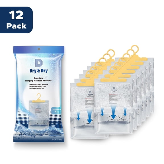 Dry & Dry [12 Packs [Net 14 Oz/Pack] Hanging Bag Moisture Absorber to Control Excess Moisture for Everywhere. Moisture Absorber Works Very Strong