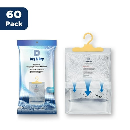 Dry & Dry [60 Packs [Net 14 Oz/Pack] Hanging Bag Moisture Absorber to Control Excess Moisture for Everywhere. Moisture Absorber Works Very Strong