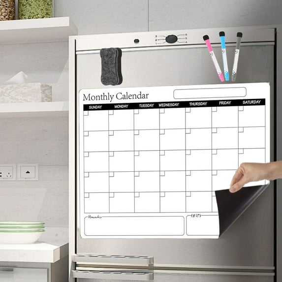 Dry Erasable Magnetic Calendar, Fridge Kitchen Planner, Reusable Monthly Weekly Board, With Eraser Markers, White Color, Easy to Clean, Family Organization Tool