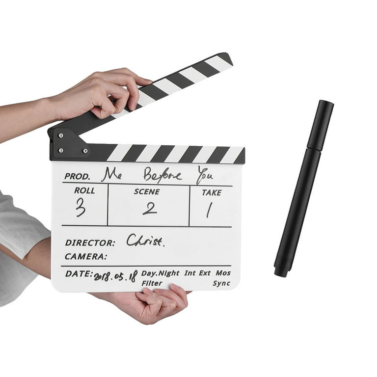 Dry Erase Acrylic Director Film Clapboard Movie TV Cut Action Scene Clapper  Board Slate with Marker Pen, BlackWhite Stick, White 