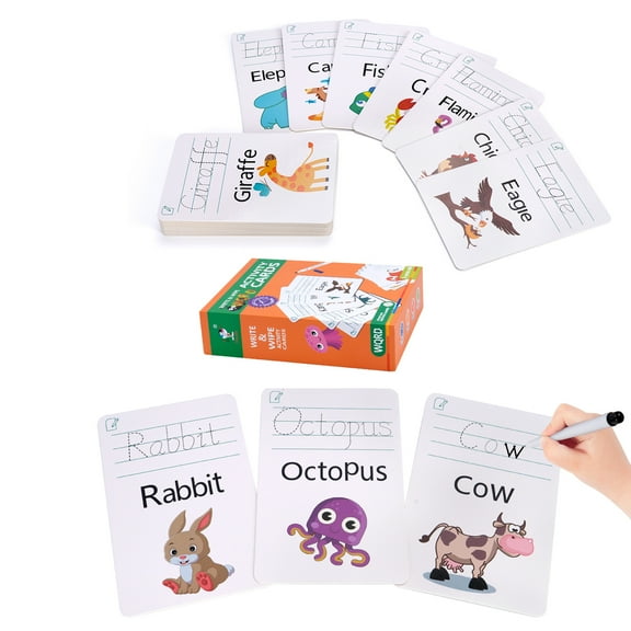Dry Erase Alphabet , Number , Animal and Math Flash Cards - Write and Wipe Laminated ABC Letter Tracing Practice Card for Kindergarten (30 Flashcards with 1Pen and 1Wiping Cloth)