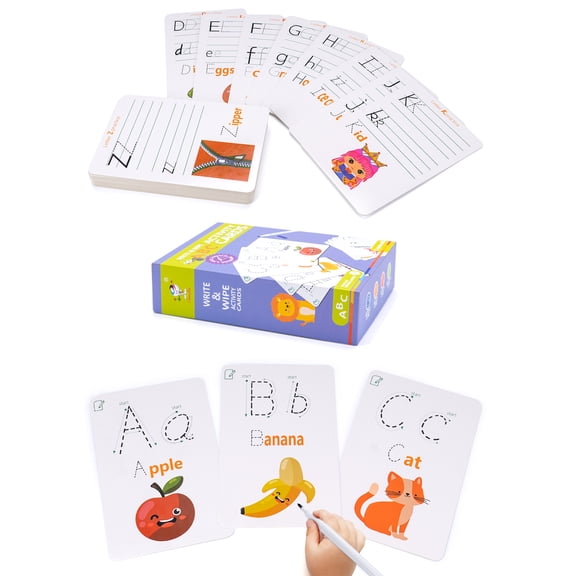 Dry Erase Alphabet , Number , Animal and Math Flash Cards - Write and Wipe Laminated ABC Letter Tracing Practice Card for Kindergarten (30 Flashcards with 1Pen and 1Wiping Cloth)