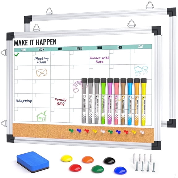Marsrock On Clearance 17"x13" Green Monthly Whiteboard with Aluminum Frame,Planner Cork Board Combo for Wall,Reversible Hanging Dry Erase Board
