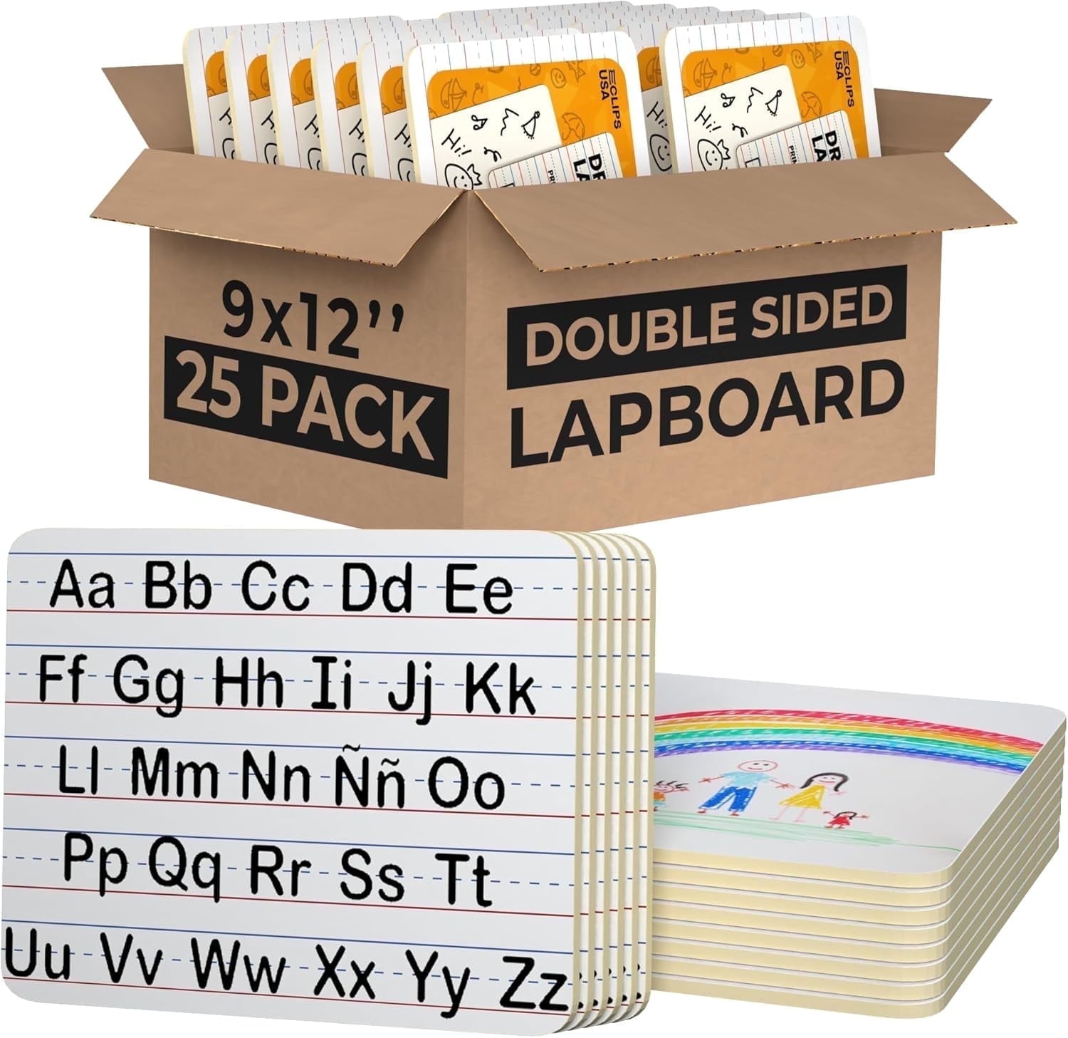 E-Clips USA Ruled Dry Erase Board, Double-Sided Mini White Board, 9” x 12”, 25-Pack