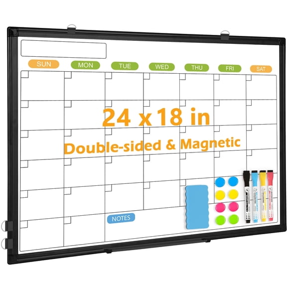 DOLLAR BOSS Magnetic Dry Erase Calendar Whiteboard 24"x18" Monthly Whiteboard Calendar Double-Sided Dry Erase Board White Board Calendar for Wall with Eraser Markers Magnets, Black Aluminium Frame