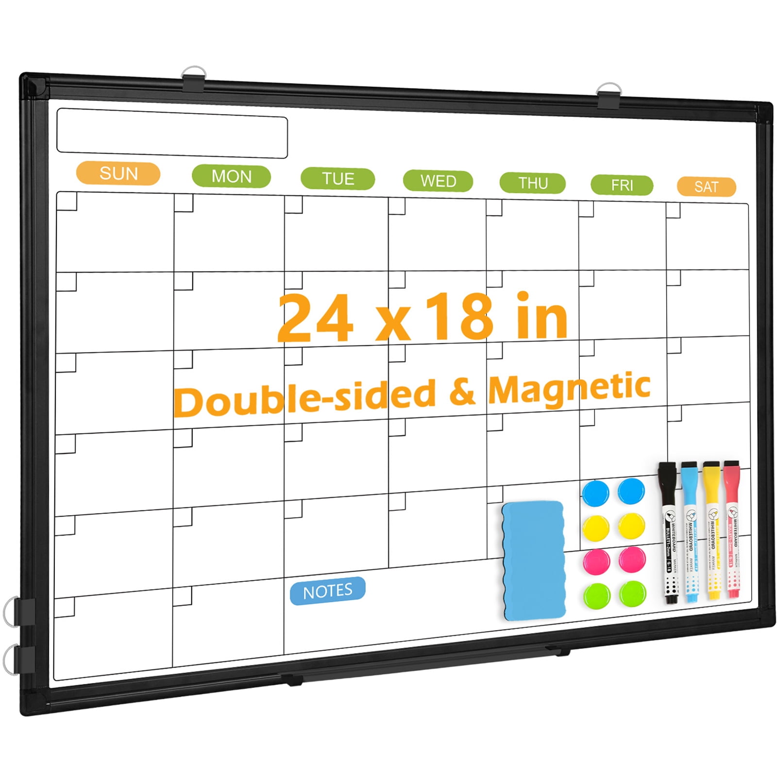 Dry Erase Calendar 24"x18", Monthly White Board Calendar Double-Sided Magnetic Whiteboard Calendar Dry Erase for Wall with Eraser Markers and Magnets, Black Aluminium Frame
