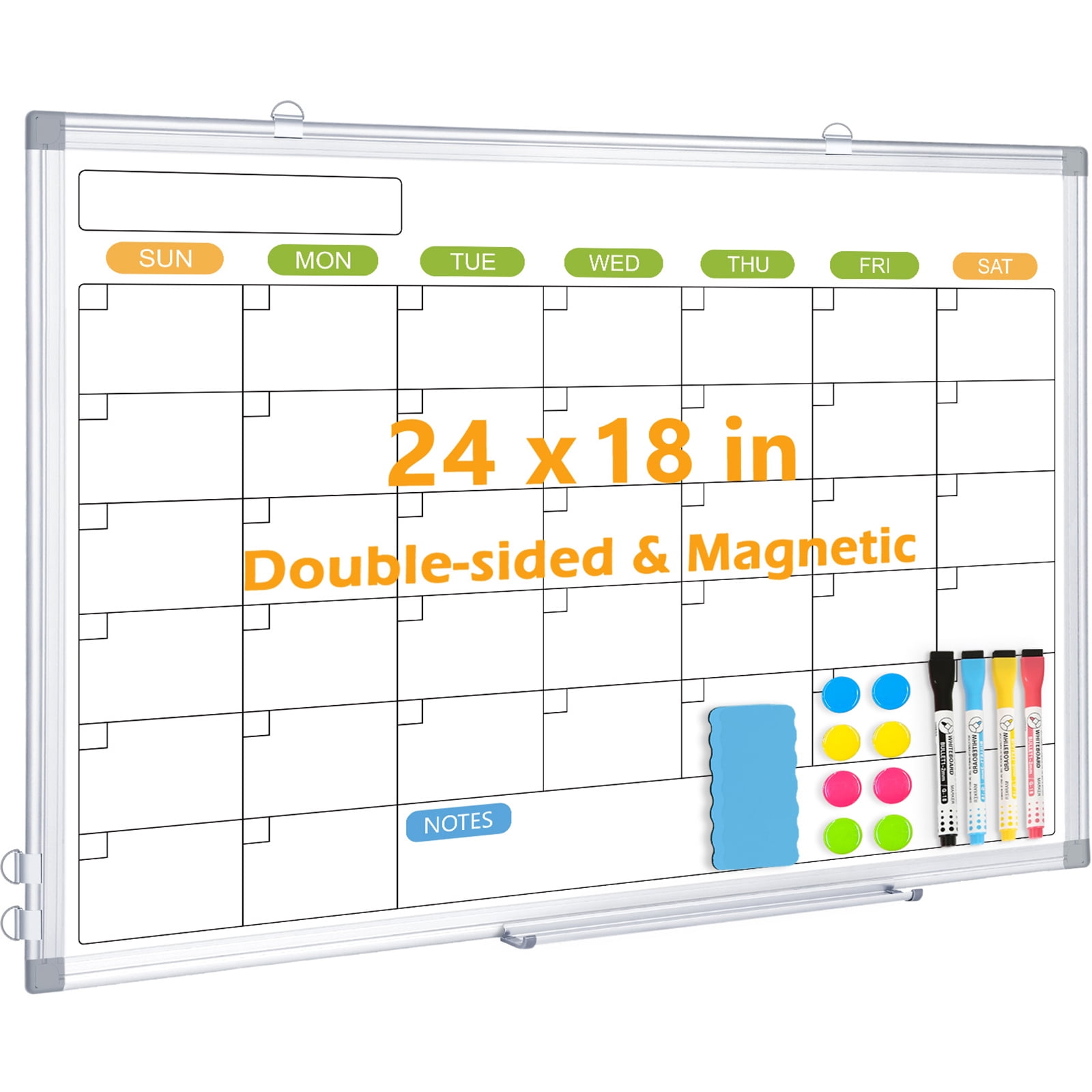 Dry Erase Calendar 24"x18", Monthly White Board Magnetic Calendar Double-Sided Whiteboard Calendar Dry Erase for Wall with Eraser Markers and Magnets, Silver Aluminium Frame